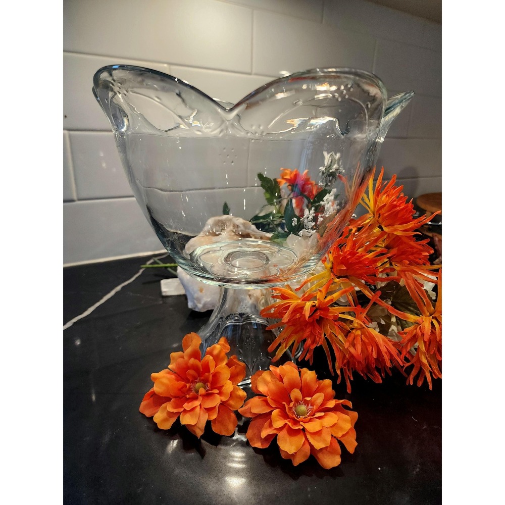 Vintage Pfaltzgraff Pedestal Bowl: 9" Clear Pressed Glass Centerpiece
